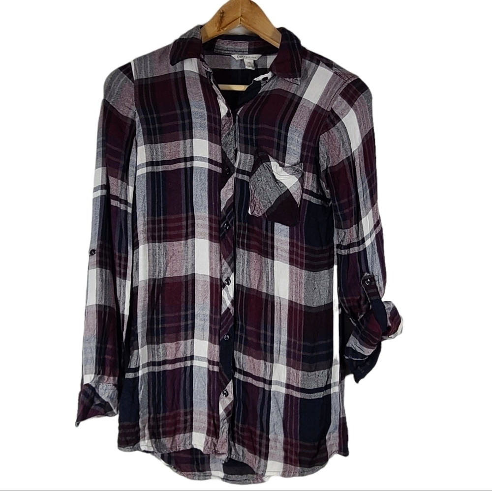 Cato Button Down‎ Top Plaid Rolled up sleeves XS